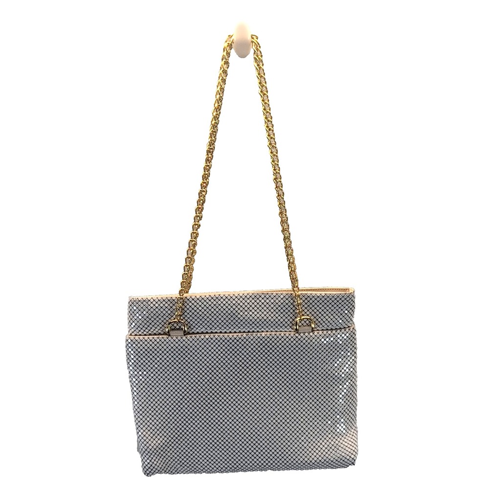 Vintage 60's/70's White Metal Tiled Shoulder Bag Gold Tone Chain Strap Zip